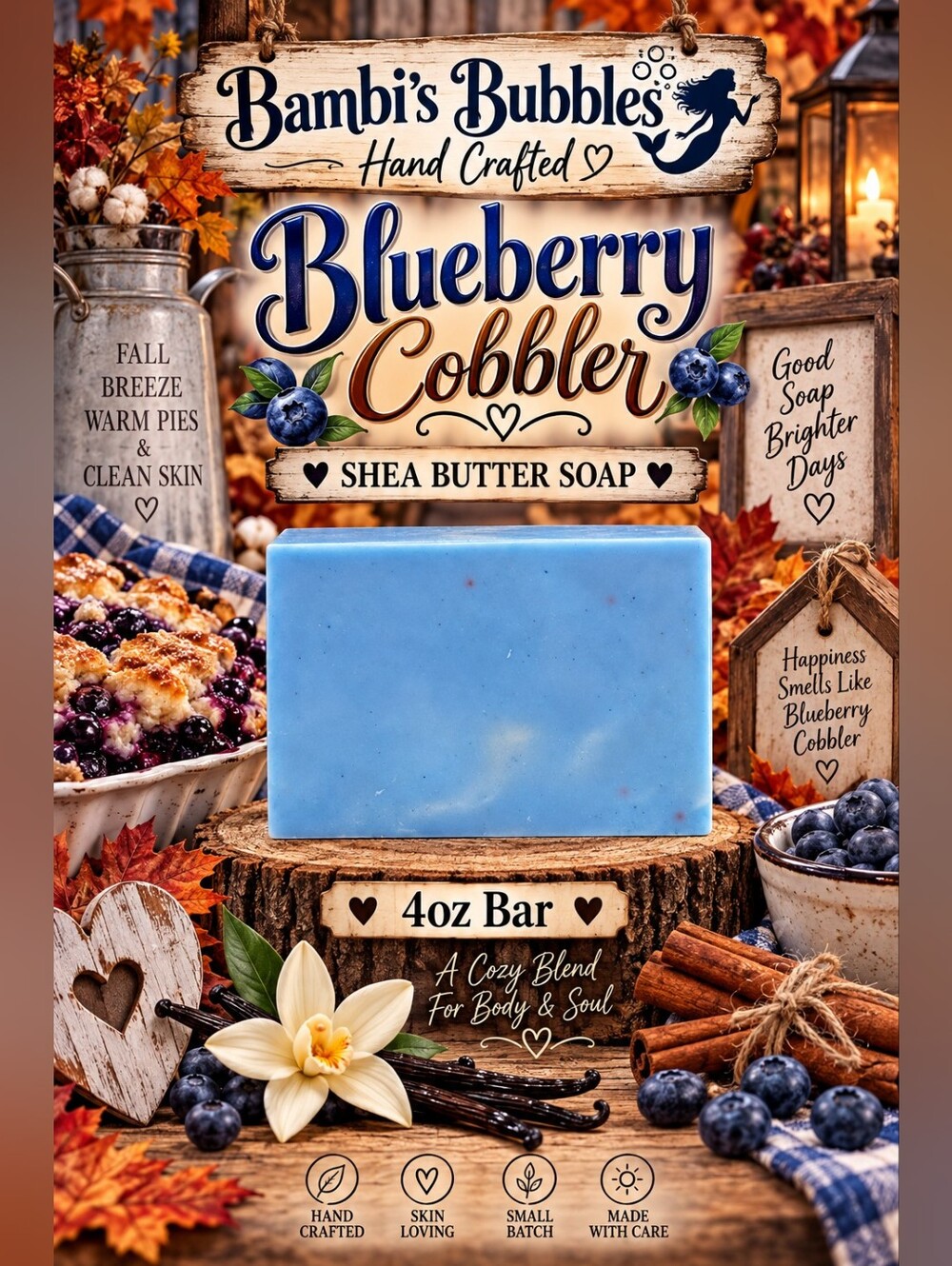 New! Bambis Bubbles Blueberry Cobbler Shea Butter Soap 4oz